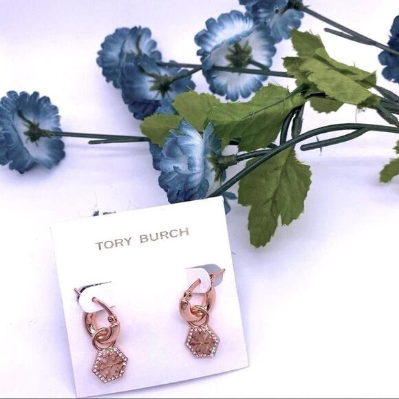 NWOT Tory Burch Octagon Rose Gold Pave Hoop Drop Hoop Earirng - Picture 4 of 7